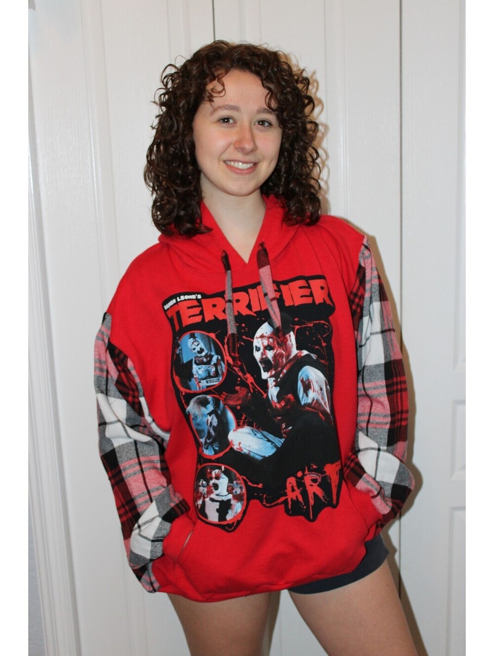 Red Terrifier Graphic Hoodie with Plaid Sleeves, Women's Medium/large